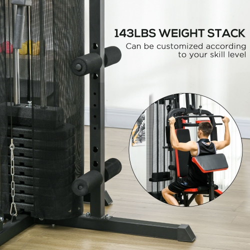 Soozier All-In-One Smith Machine, Multi Gym Workout Station with 143lbs Weight Stack, Home Gym Equipment with Sit up Bench, Push up Stand,