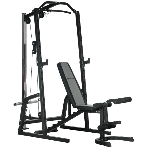Soozier Home Gym Machine, 3 in 1 Smith Machine, Multi-Functional Power Cage with Adjustable Weight Bench, Barbell Bar and Cable Pulley System,