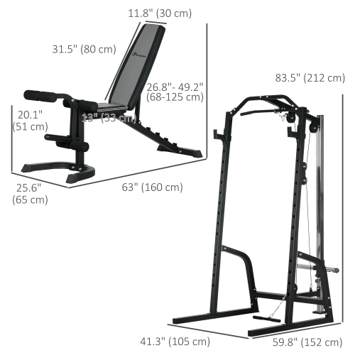 Soozier Home Gym Machine, 3 in 1 Smith Machine, Multi-Functional Power Cage with Adjustable Weight Bench, Barbell Bar and Cable Pulley System,