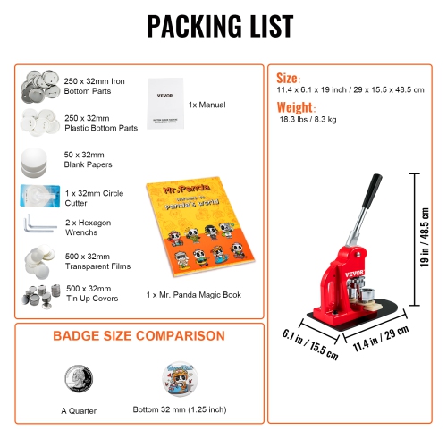 VEVOR 32 mm/1.25 inch Button Maker Machine, Badge Punch Press Kit, Children DIY Gifts Pin Maker, Button Making Supplies with 500pcs Button Parts &