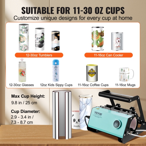 VEVOR 11-30oz Mug Heat Press, Tumbler Heat Press Machine, Sublimation Transfer Straight Skinny Tumblers, with Heat-resist Gloves & Tape, DIY Ceramic