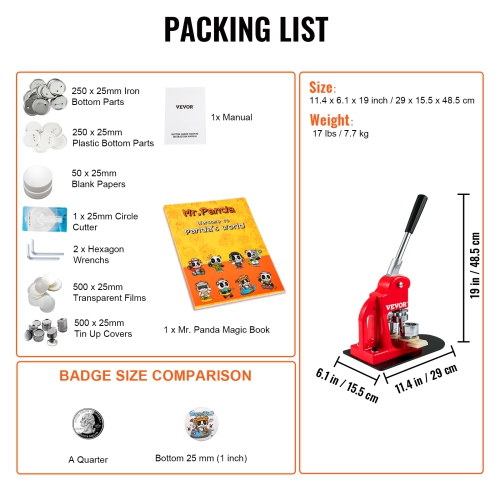 VEVOR 25 mm/1 inch Button Maker Machine, Badge Punch Press Kit, Children DIY Gifts Pin Maker, Button Making Supplies with 500pcs Button Parts &