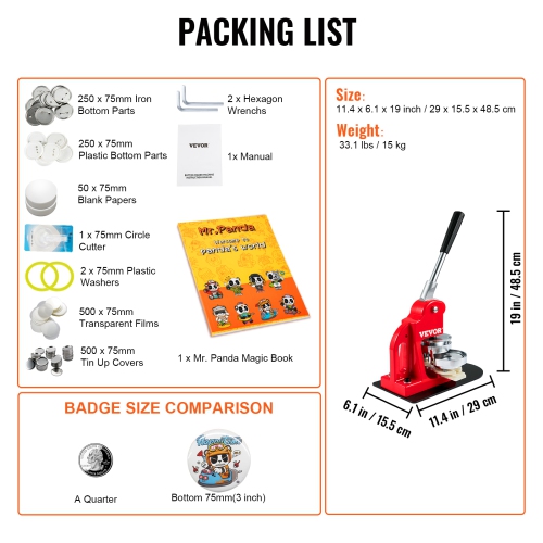 VEVOR 75 mm/3 inch Button Maker Machine, Badge Punch Press Kit, Children DIY Gifts Pin Maker, Button Making Supplies with 500pcs Button Parts &