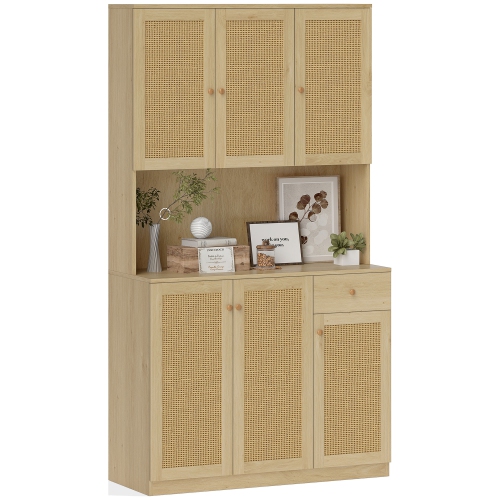 HOMCOM  71" Boho Kitchen Pantry Cabinet \w Rattan Doors, Freestanding Buffet Storage Cabinet \w Microwave Countertop, Drawer And Adjustable Shelves