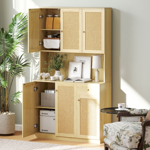 HOMCOM 71" Boho Kitchen Pantry Cabinet with Rattan Doors, Freestanding Buffet Storage Cabinet with Microwave Countertop, Drawer and Adjustable