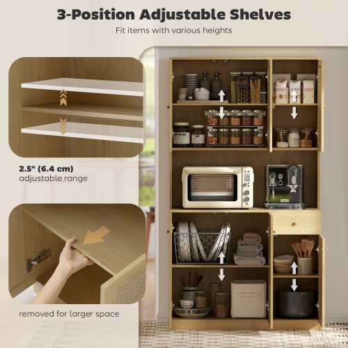 HOMCOM 71" Boho Kitchen Pantry Cabinet with Rattan Doors, Freestanding Buffet Storage Cabinet with Microwave Countertop, Drawer and Adjustable