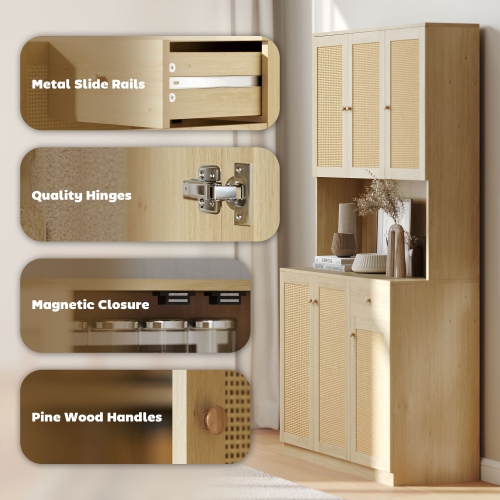 HOMCOM 71" Boho Kitchen Pantry Cabinet with Rattan Doors, Freestanding Buffet Storage Cabinet with Microwave Countertop, Drawer and Adjustable