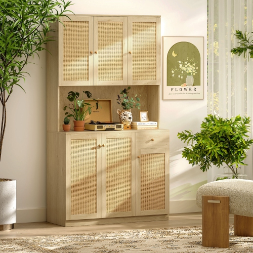HOMCOM 71" Boho Kitchen Pantry Cabinet with Rattan Doors, Freestanding Buffet Storage Cabinet with Microwave Countertop, Drawer and Adjustable