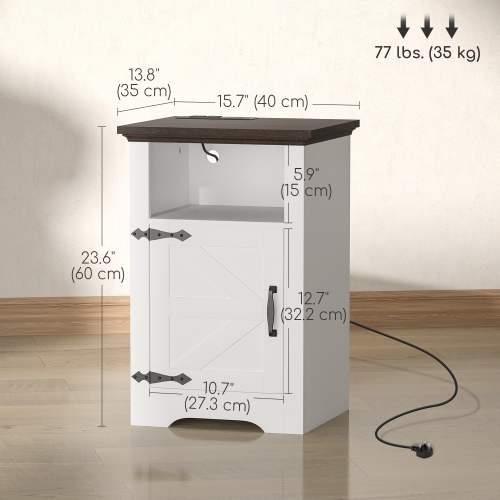 Ensemble de 2 tables d'appoint de HOMCOM, ensemble table de chevet avec prises de chargement, porte de grange pour salon, chambre à coucher, blanc