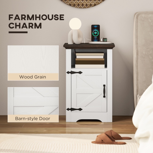Ensemble de 2 tables d'appoint de HOMCOM, ensemble table de chevet avec prises de chargement, porte de grange pour salon, chambre à coucher, blanc