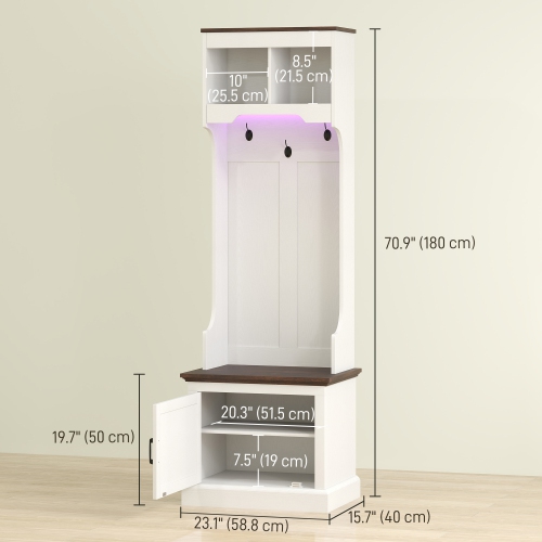 HOMCOM 3-in-1 Entryway Hall Tree with Bench, Standing Coat Rack with Shoe Storage, Three Hooks, White Wood Grain with Light