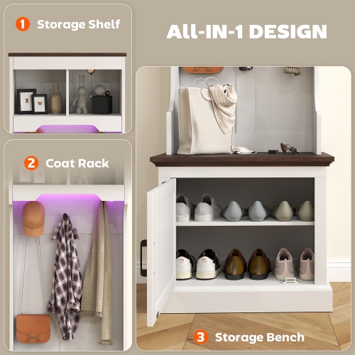 HOMCOM 3-in-1 Entryway Hall Tree with Bench, Standing Coat Rack with Shoe Storage, Three Hooks, White Wood Grain with Light
