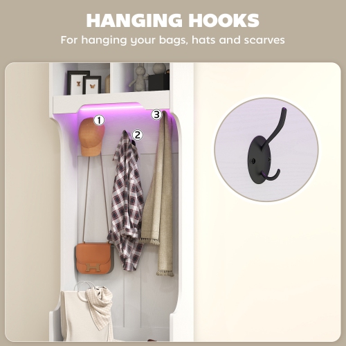 HOMCOM 3-in-1 Entryway Hall Tree with Bench, Standing Coat Rack with Shoe Storage, Three Hooks, White Wood Grain with Light