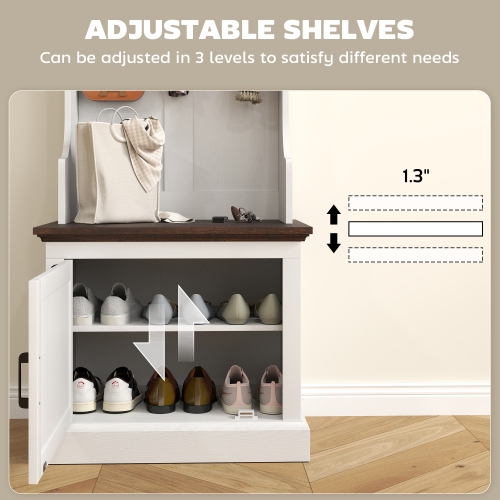 HOMCOM 3-in-1 Entryway Hall Tree with Bench, Standing Coat Rack with Shoe Storage, Three Hooks, White Wood Grain with Light