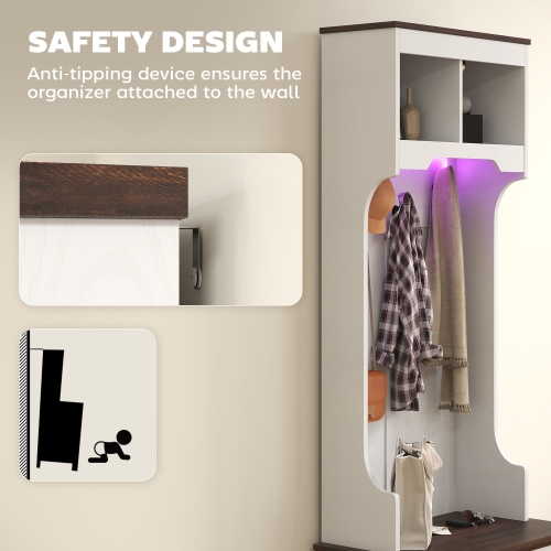 HOMCOM 3-in-1 Entryway Hall Tree with Bench, Standing Coat Rack with Shoe Storage, Three Hooks, White Wood Grain with Light