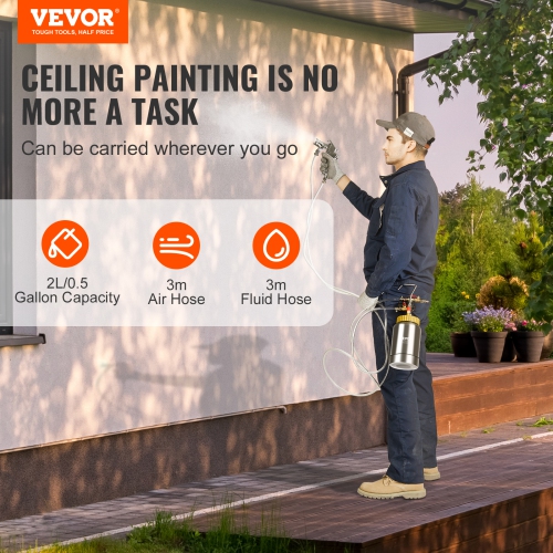 VEVOR 2L/0.5gal Spray Paint Pressure Pot Tank, Lightweight Air Paint Pressure Pot, 1.8mm Nozzle Spray Paint Gun 3m Hoses for Home Decoration