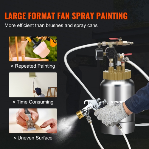 VEVOR 2L/0.5gal Spray Paint Pressure Pot Tank, Lightweight Air Paint Pressure Pot, 1.8mm Nozzle Spray Paint Gun 3m Hoses for Home Decoration