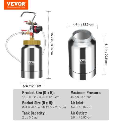 VEVOR 2L/0.5gal Spray Paint Pressure Pot Tank, Lightweight Air Paint Pressure Pot, 1.8mm Nozzle Spray Paint Gun 3m Hoses for Home Decoration