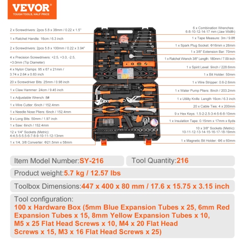 VEVOR 216 Piece Tool Kit, General Household Hand Tool Set, Home Repairing Tool Kit with Portable Tool Storage Case, High-Quality Steel, for Home