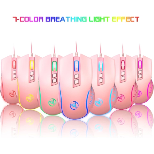 Wired gaming mouse, ergonomic gaming and office mouse, 7-color breathing light effect, 4-speed adjustable DPI, pink
