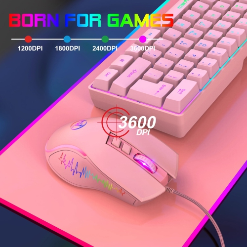 Wired gaming mouse, ergonomic gaming and office mouse, 7-color breathing light effect, 4-speed adjustable DPI, pink
