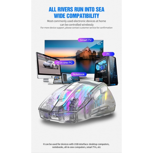 White Transparent RGB Wireless Mouse - 3D LED Lighting, Triple Mode, Silent Click, Universal, PC/Mac/Tablet Compatible