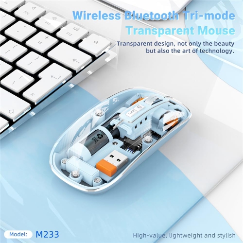Transparent wireless Bluetooth mouse, three-mode silent rechargeable, 1600DPI silent click, suitable for iPad mobile tablet games and office