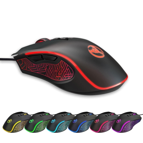 Wired gaming mouse, ergonomic gaming and office mouse, 7-color breathing light effect, 4-speed adjustable DPI, black