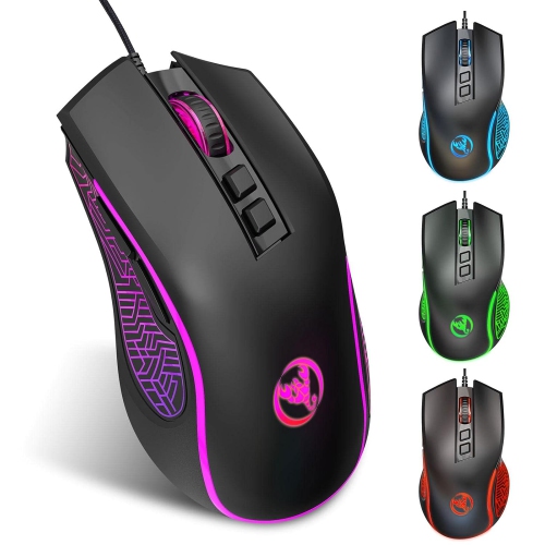 Wired gaming mouse, ergonomic gaming and office mouse, 7-color breathing light effect, 4-speed adjustable DPI, black