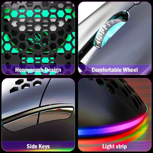 6400 DPI Black Honeycomb RGB Gaming Mouse - 7 Lighting Modes, Ergonomic Cooling Vent Design, PC/iOS