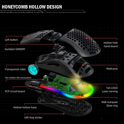 12800 DPI Black Honeycomb RGB Gaming Mouse - 7 Lighting Modes, Ergonomic Cooling Vent Design, PC/iOS
