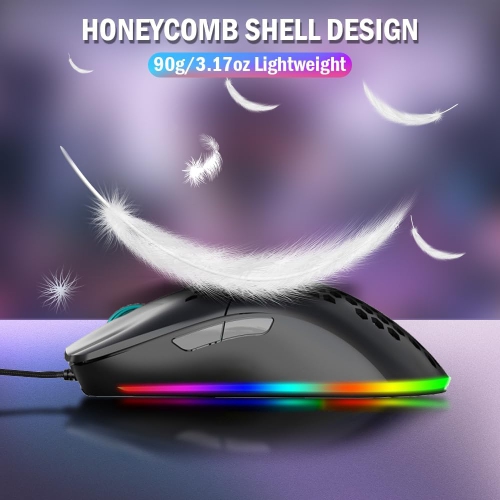 12800 DPI Black Honeycomb RGB Gaming Mouse - 7 Lighting Modes, Ergonomic Cooling Vent Design, PC/iOS