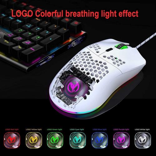 6400 DPI White Honeycomb RGB Gaming Mouse - 7 Lighting Modes, Ergonomic Cooling Vent Design, PC/iOS