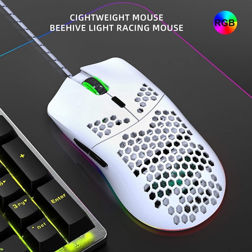 6400 DPI White Honeycomb RGB Gaming Mouse - 7 Lighting Modes, Ergonomic Cooling Vent Design, PC/iOS