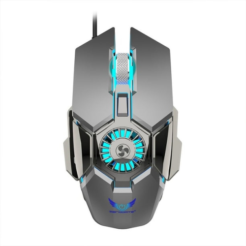 Gray wired luminous gaming mouse 7-key gaming macro with cooling fan computer optical mouse metal 3D scroll wheel