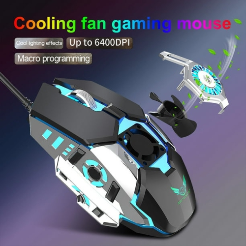 Gray wired luminous gaming mouse 7-key gaming macro with cooling fan computer optical mouse metal 3D scroll wheel