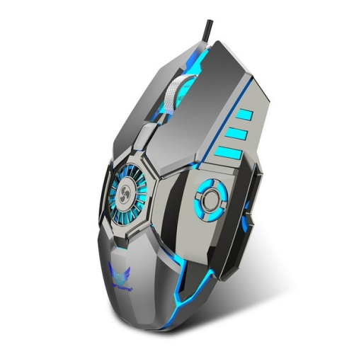 Gray wired luminous gaming mouse 7-key gaming macro with cooling fan computer optical mouse metal 3D scroll wheel