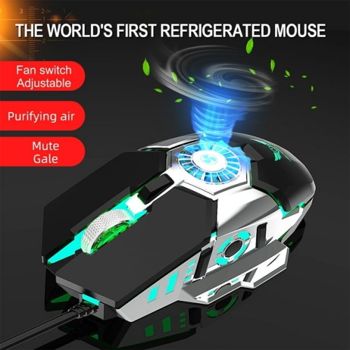 Gray wired luminous gaming mouse 7-key gaming macro with cooling fan computer optical mouse metal 3D scroll wheel