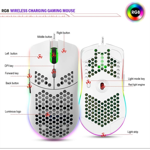 12800 DPI White Honeycomb RGB Gaming Mouse - 7 Lighting Modes, Ergonomic Cooling Vent Design, PC/iOS
