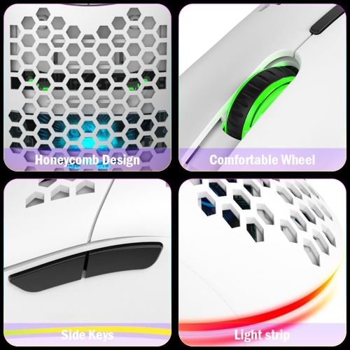 12800 DPI White Honeycomb RGB Gaming Mouse - 7 Lighting Modes, Ergonomic Cooling Vent Design, PC/iOS