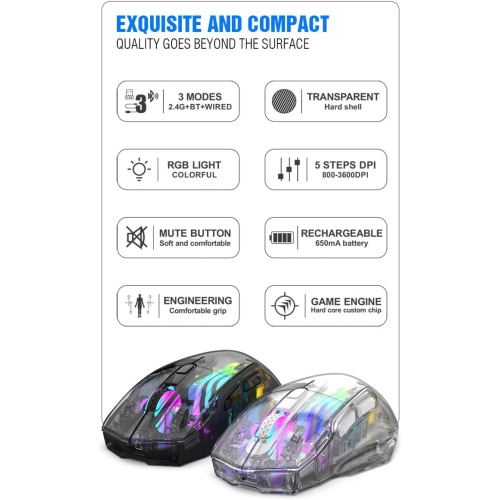 Black Transparent RGB Wireless Mouse - 3D LED Lighting, Triple Mode, Silent Click, Universal, PC/Mac/Tablet Compatible