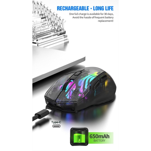 Black Transparent RGB Wireless Mouse - 3D LED Lighting, Triple Mode, Silent Click, Universal, PC/Mac/Tablet Compatible