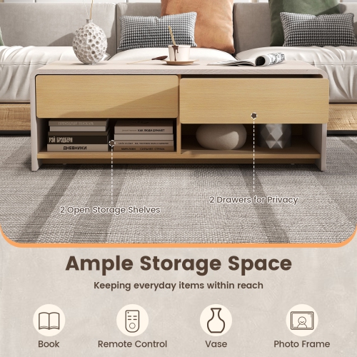 Gymax Home Coffee Table w/ 2 Drawers & 2 Storage Shelf Rectangle Table Cocktail Table