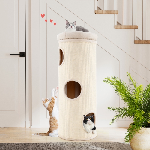 Gymax 49'' Barrel-Shaped Kitten Condo w/ Removable Padded Top Perch Bamboo Mat