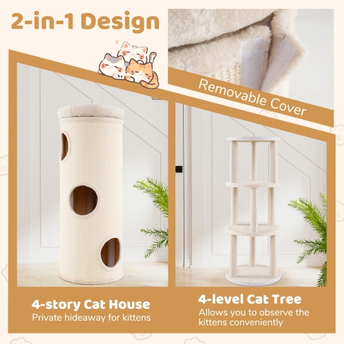 Gymax 49'' Barrel-Shaped Kitten Condo w/ Removable Padded Top Perch Bamboo Mat