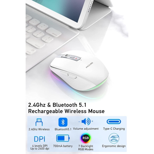 2.4GHz dual-mode Bluetooth wireless mouse,dual-mode Bluetooth with receiver, 2400 DPI adjustable Bluetooth mouse with RGB light, suitable for desktop