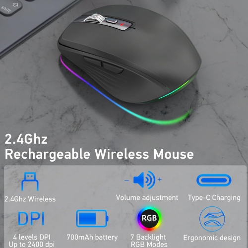 2.4GHz Dual Mode Bluetooth Wireless Mouse, Dual Mode Bluetooth with Receiver, 2400 DPI Adjustable Bluetooth Mouse with RGB Light for Desktop Laptop