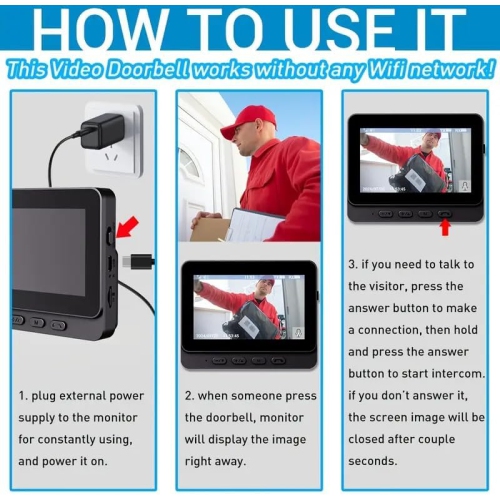 Wireless Doorbell Camera, 800W 170° HD IP65 Waterproof, 1000mAh Rechargeable Battery Night Vision Two-Way Audio +128G