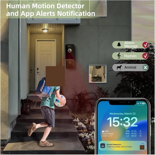 Sonnette vidéo sans fil Wi-Fi avec caméra à infrarouge passif Sonnette extérieure à détection humaine Intercom Sécurité résidentielle intelligente