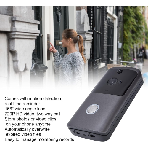 Sonnette de porte HD Wi-Fi avec capteur de mouvement passif à infrarouge, audio bidirectionnel, fonctionnement à distance mobile, caméra sans fil